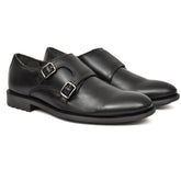 Close-up view of Country Maddox's Black Double Strap Monk Shoes showcasing metal buckles.